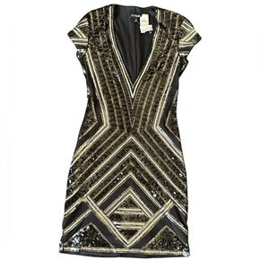Express Black and Silver Geometric Sequin Mini Cap Sleeve Dress XS